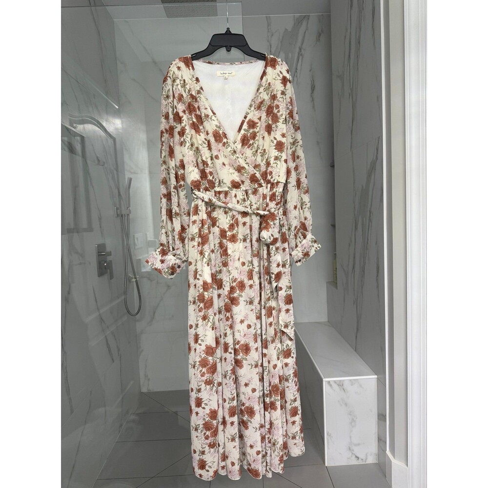 Floral Print Long Sleeve Chiffon Maxi Dress with Belt L/XL